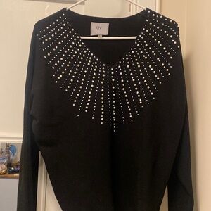 Liv Milano Pearl Rhinestone Embellished Black Sweater